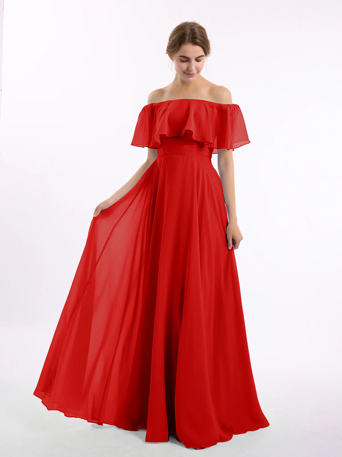 Off-the-Shoulder Double Ruffle Chiffon A-Line Bridesmaid Maxi Dress