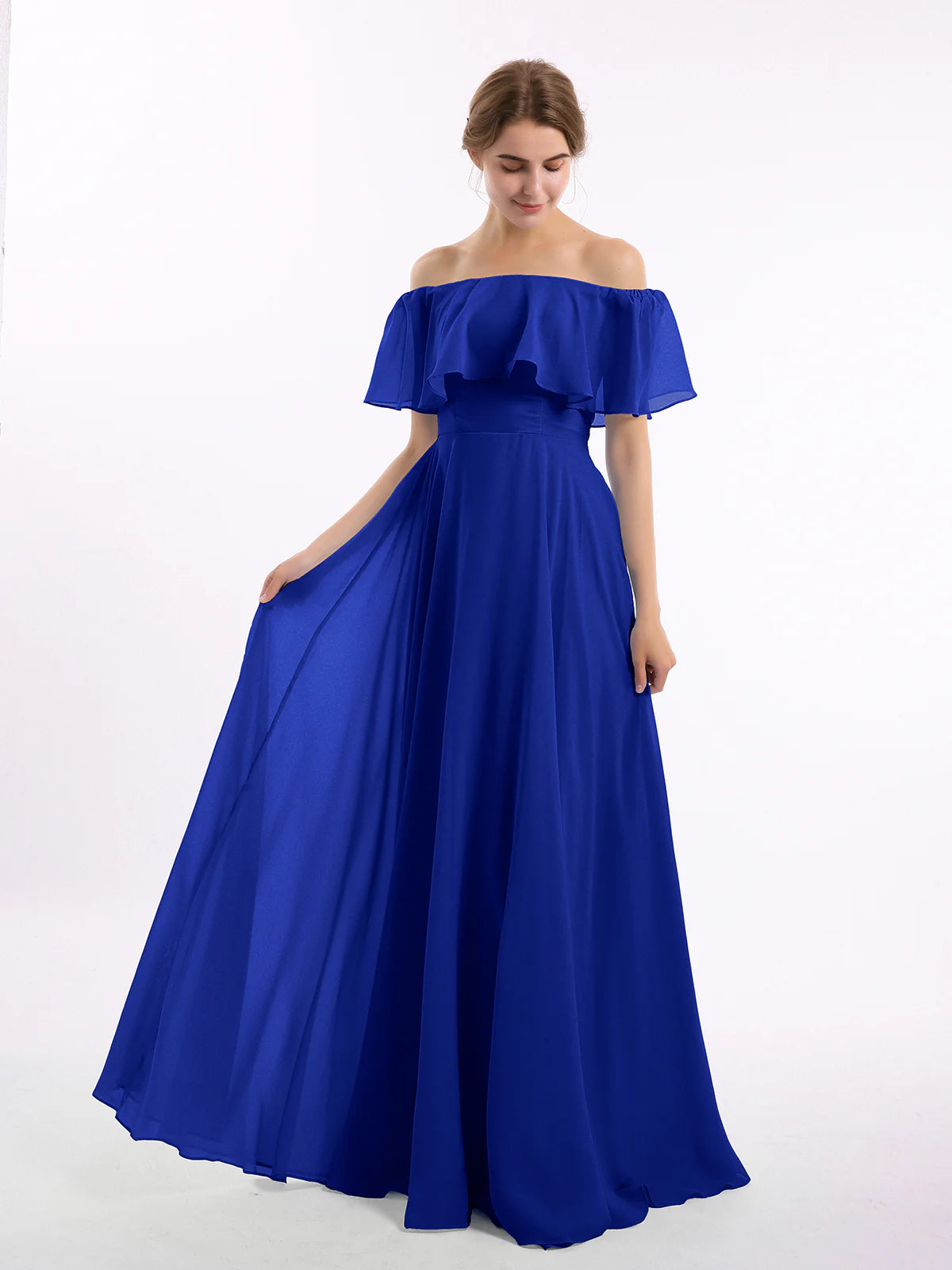 Off-the-Shoulder Double Ruffle Chiffon A-Line Bridesmaid Maxi Dress