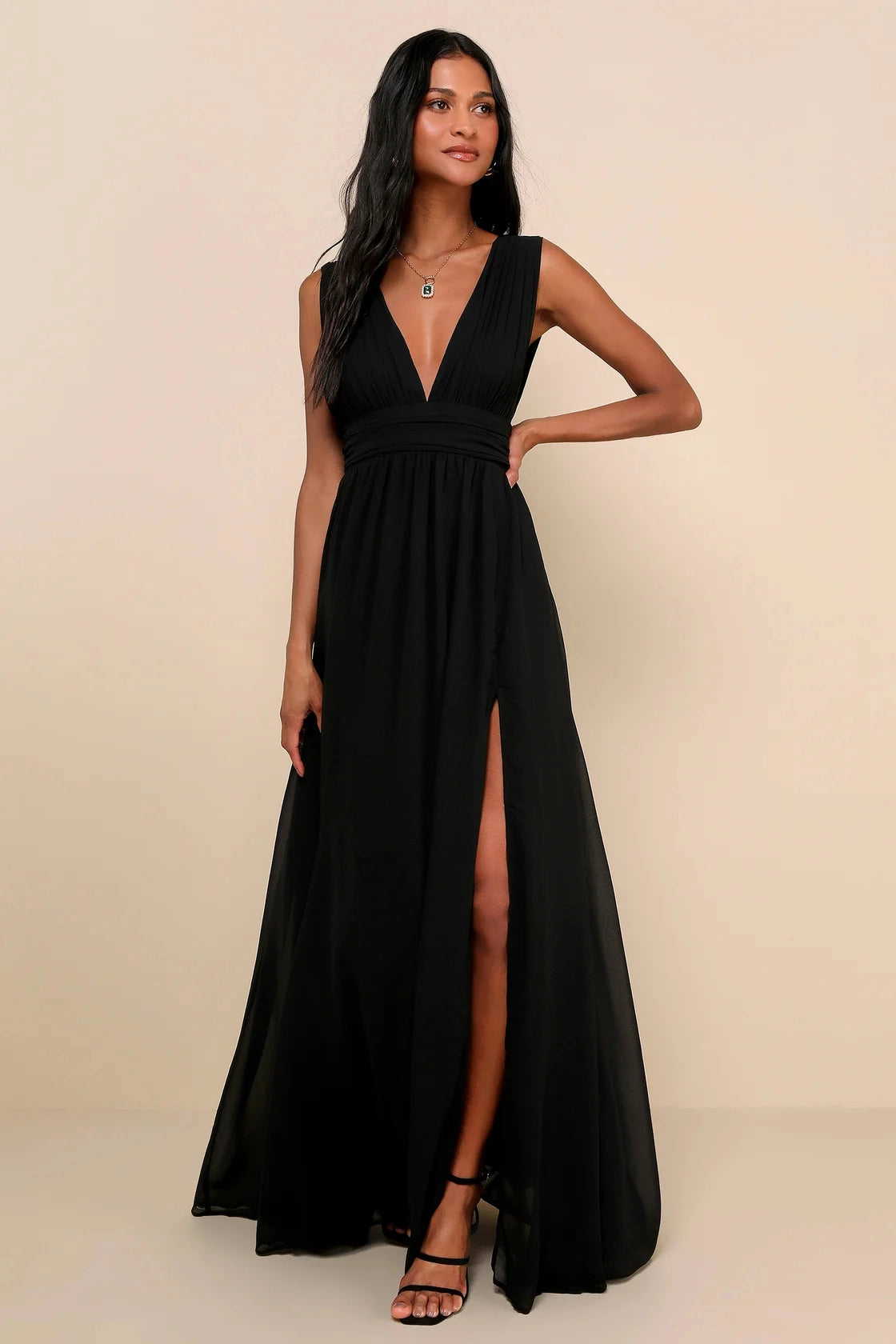 Blush Pink A Line V Neck Sleeveless Deep Back Slit Maxi Bridesmaid Gown Vedress