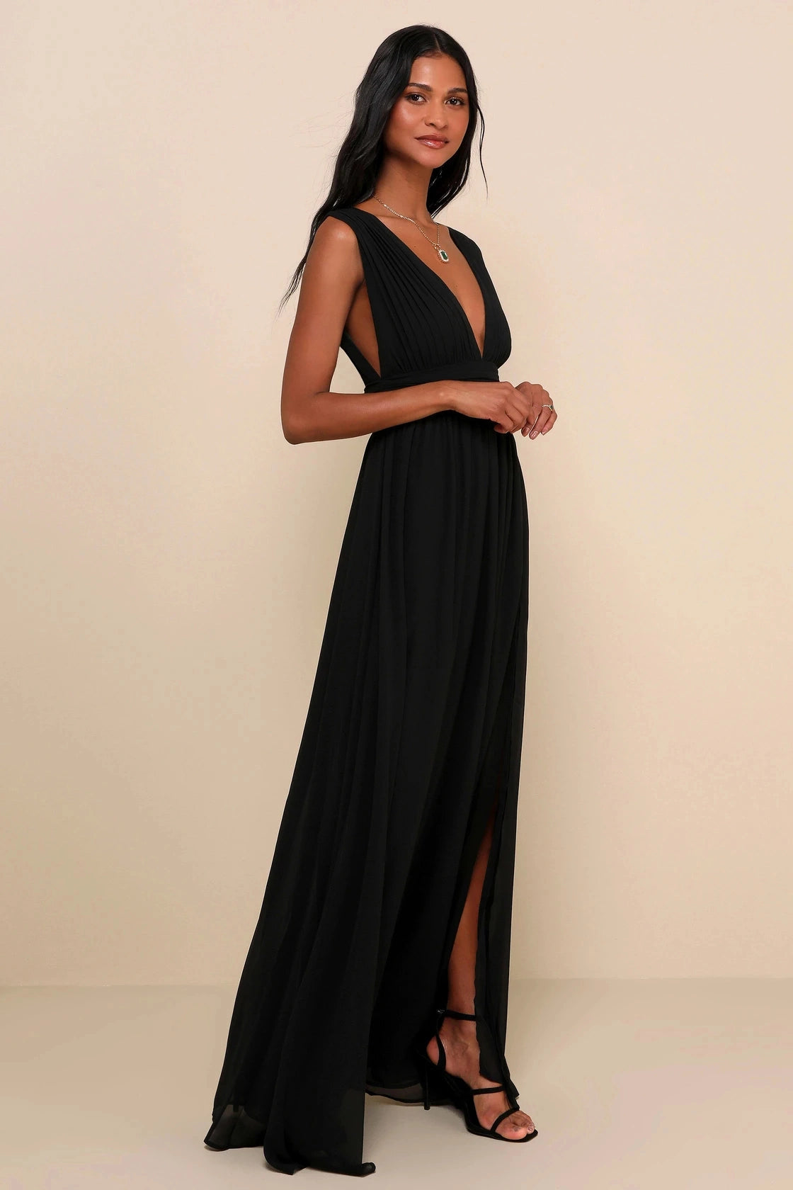 Blush Pink A Line V Neck Sleeveless Deep Back Slit Maxi Bridesmaid Gown Vedress