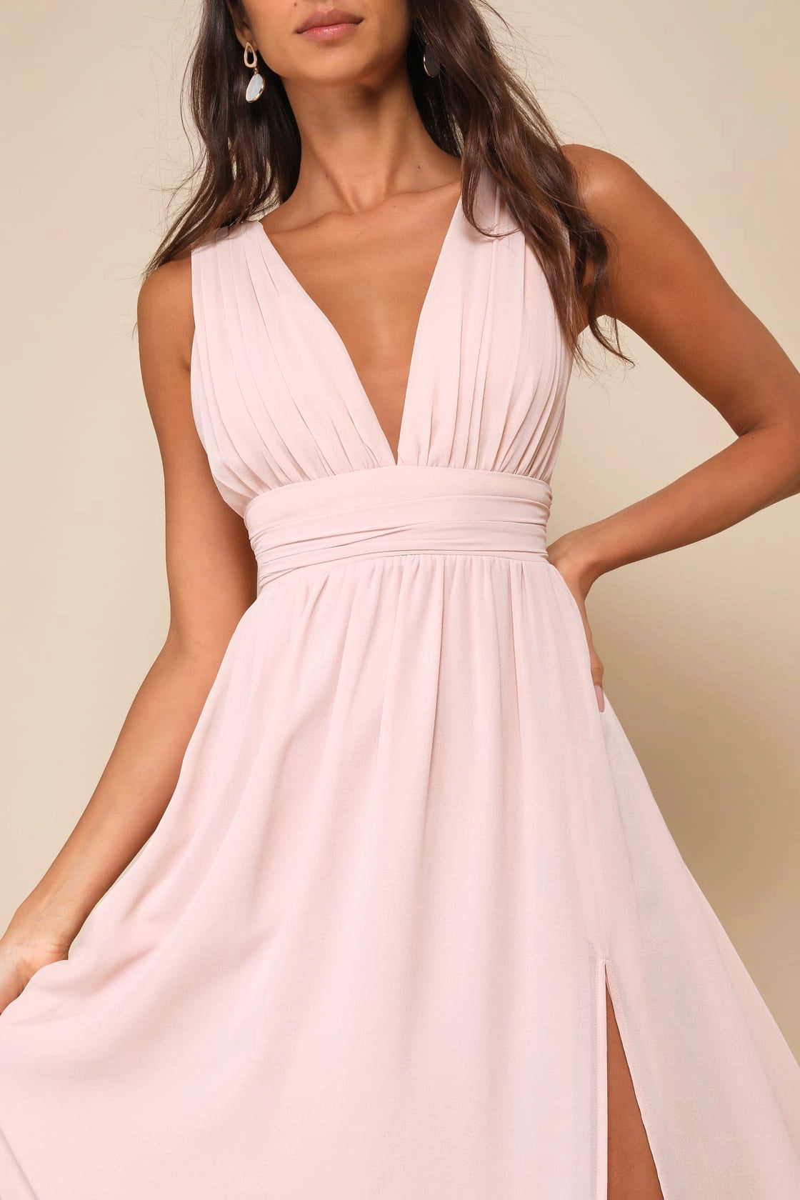 Blush Pink A Line V Neck Sleeveless Deep Back Slit Maxi Bridesmaid Gown Vedress