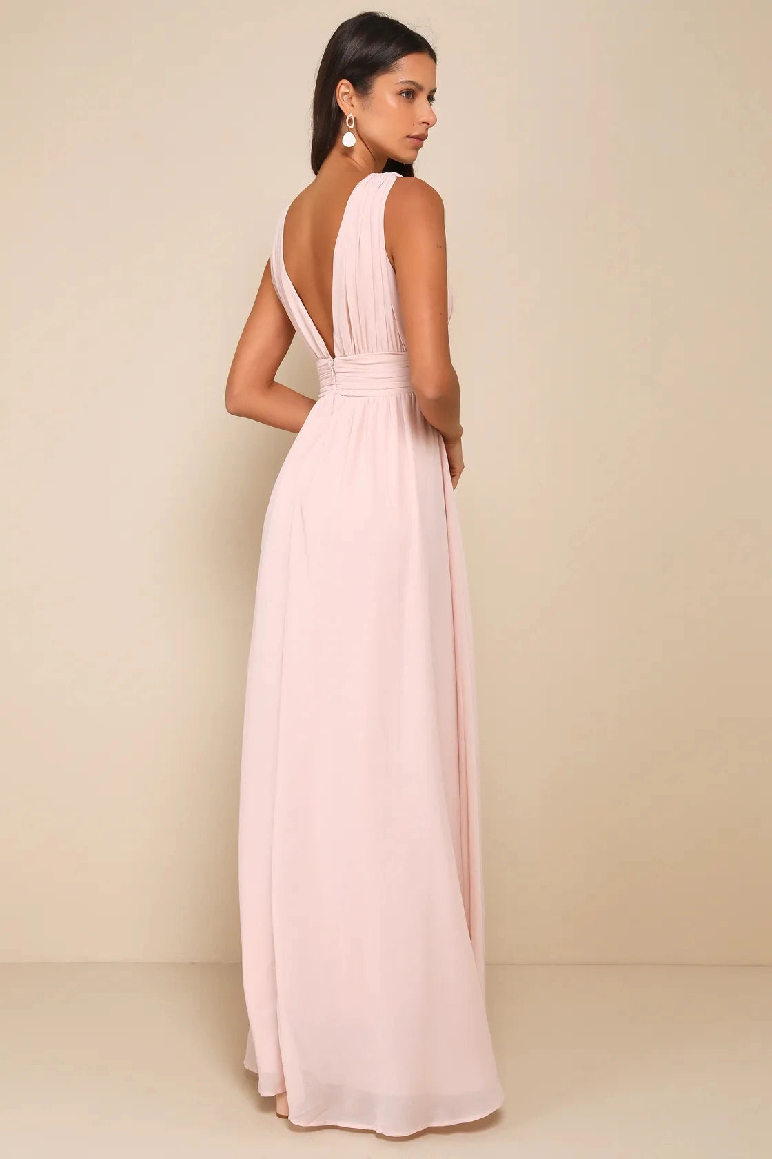 Blush Pink A Line V Neck Sleeveless Deep Back Slit Maxi Bridesmaid Gown Vedress