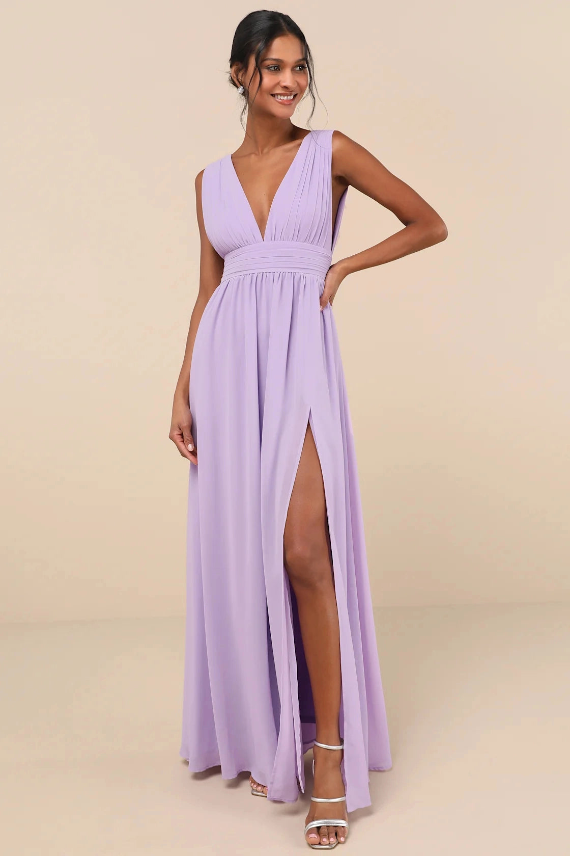 Blush Pink A Line V Neck Sleeveless Deep Back Slit Maxi Bridesmaid Gown Vedress