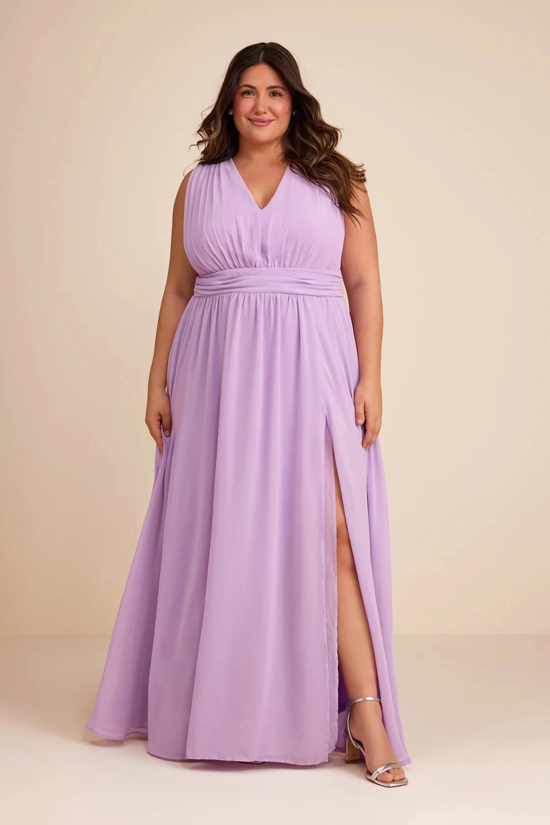 Blush Pink A Line V Neck Sleeveless Deep Back Slit Maxi Bridesmaid Gown Vedress