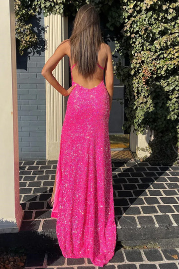 Vestido largo de fiesta de sirena con lentejuelas rosa fuerte, escote en V pronunciado y tirantes finos sin espalda