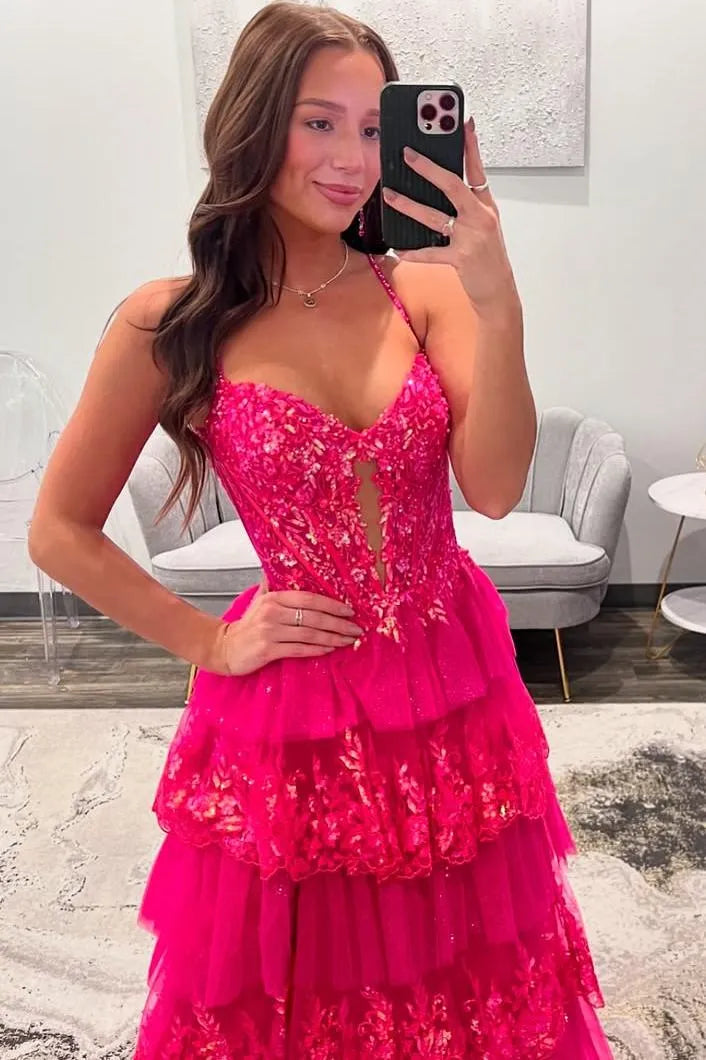 Vestido largo de fiesta rosa fucsia de tul corte A con escote corazón, tirantes finos y espalda descubierta