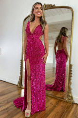 Sparkly Mermaid V Neck Gold Sequins Long Prom Dress Open Back Sweep/Brush Evening Dresses With Slit