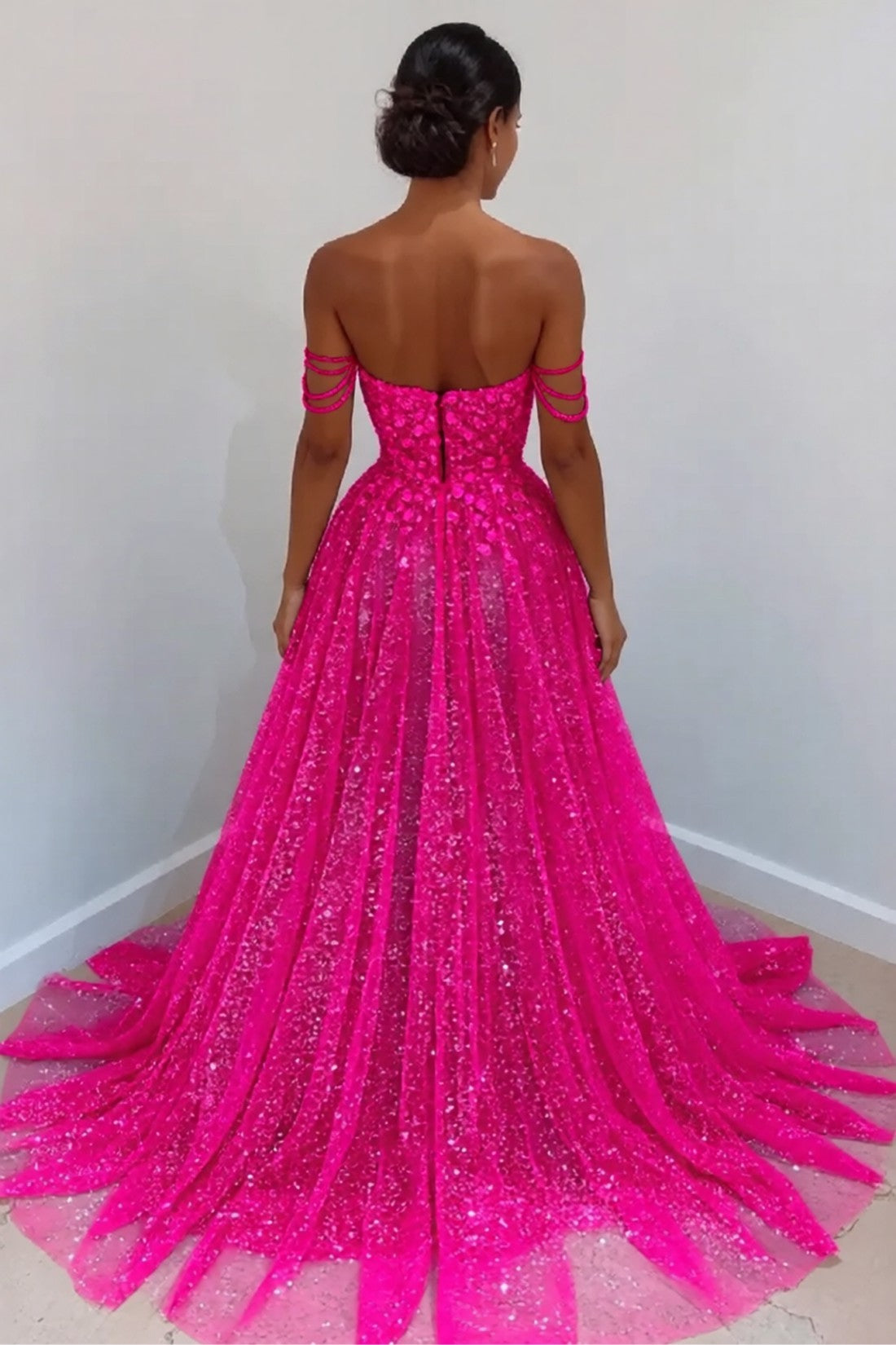 Off-the-Shoulder Sweetheart Neck Glitter Tulle Maxi Gown with Beaded Floral Appliqué Formal Evening Dress