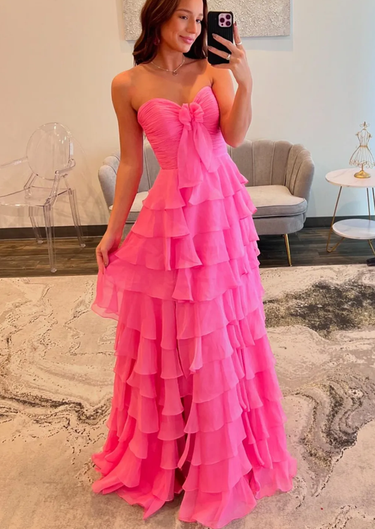 Strapless Bow Accent Ruffled Ball Gown Cute A-Line Sweetheart Zipper Back Tiered Chiffon Prom Dress With Slit