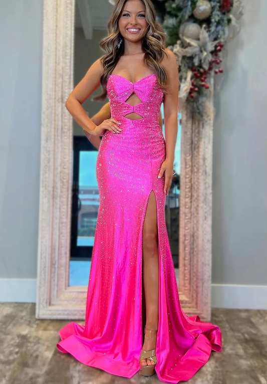 Women's Sparkling Beaded Mermaid Evening Gown with Front Bow Cut-Out Sweetheart Neckline WithHigh Slit and Full Train