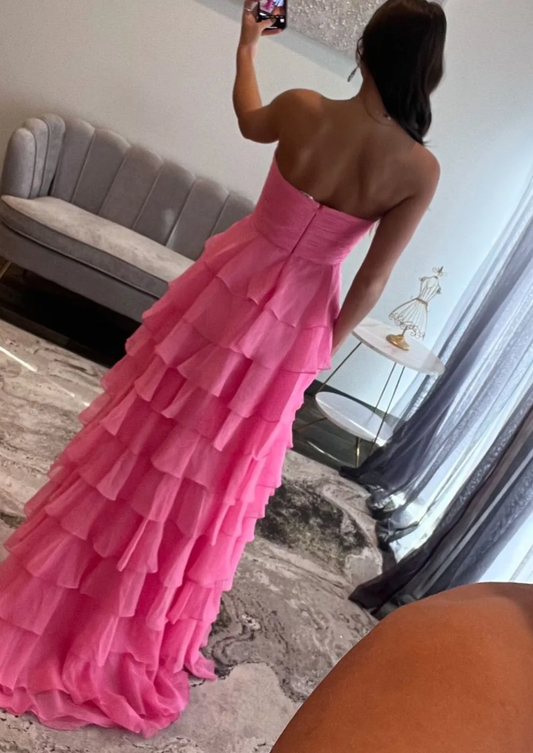 Strapless Bow Accent Ruffled Ball Gown Cute A-Line Sweetheart Zipper Back Tiered Chiffon Prom Dress With Slit