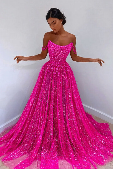 Off-the-Shoulder Sweetheart Neck Glitter Tulle Maxi Gown with Beaded Floral Appliqué Formal Evening Dress