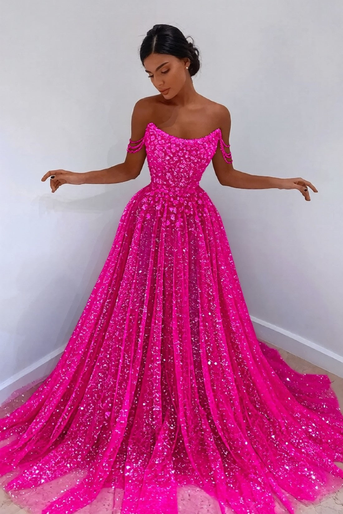 Off-the-Shoulder Sweetheart Neck Glitter Tulle Maxi Gown with Beaded Floral Appliqué Formal Evening Dress