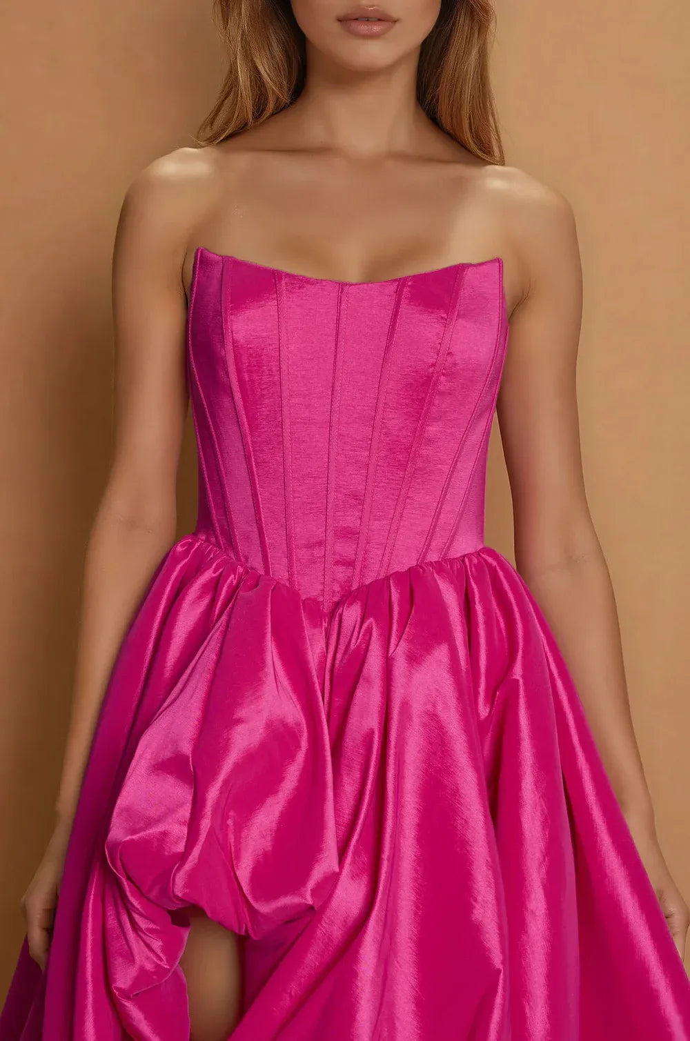 Glamorous High-Low Ball Gown Strapless Satin Corset Evening Gown with Full Skirt