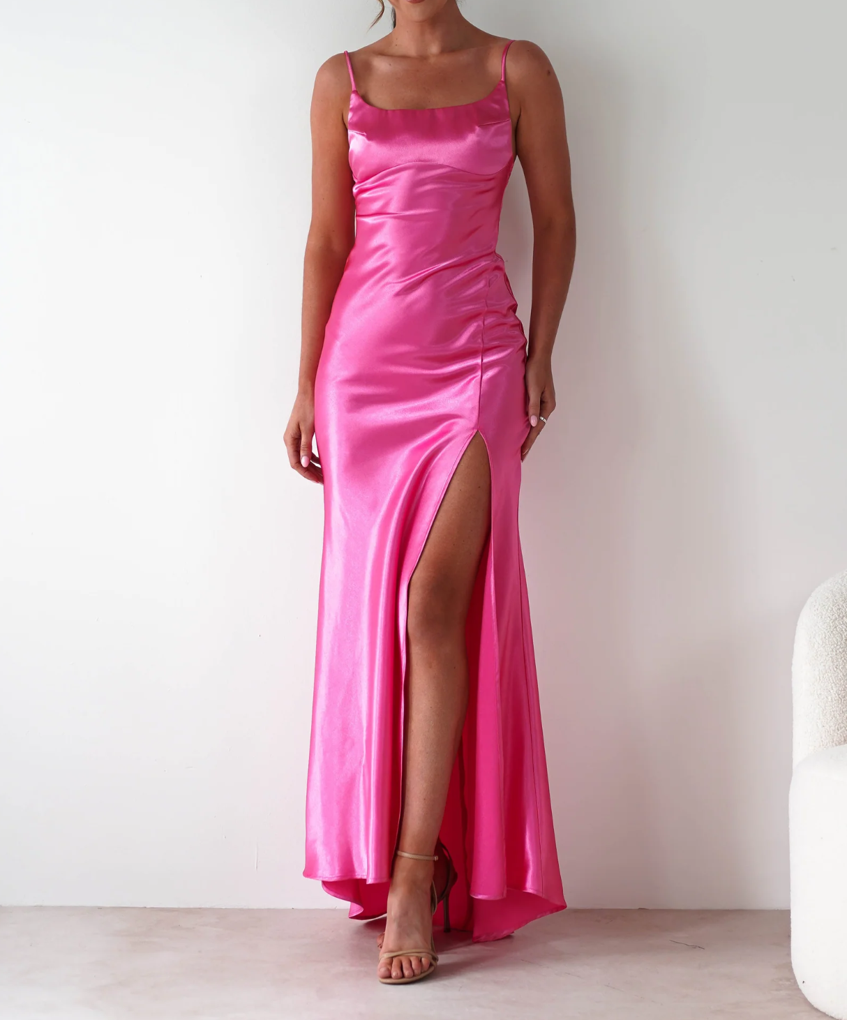 Elegant Soft Satin Slit Maxi Dress with Spaghetti Straps Party Wedding Guest Dresses With Mermaid Square Neck