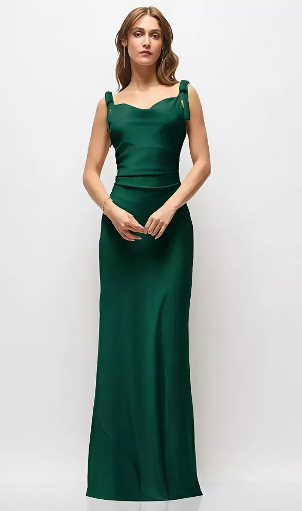 Women's Satin Cowl Neck Maxi Dress with Bow Shoulder Straps & Ruched Waist Formal Evening Gown Bridesmaid Dresses