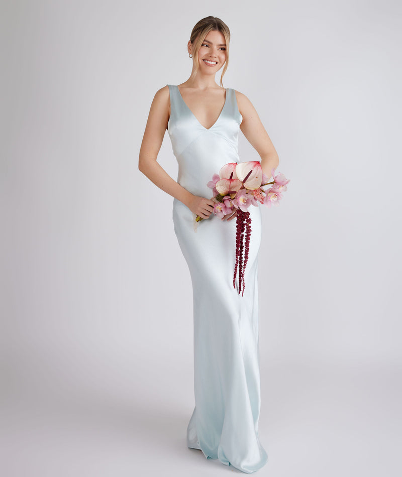 Women's Formal Satin Evening Gown with Deep V-Neckline Elegant Satin Wedding Guest Bridesmaid Dresses Maxi Dress