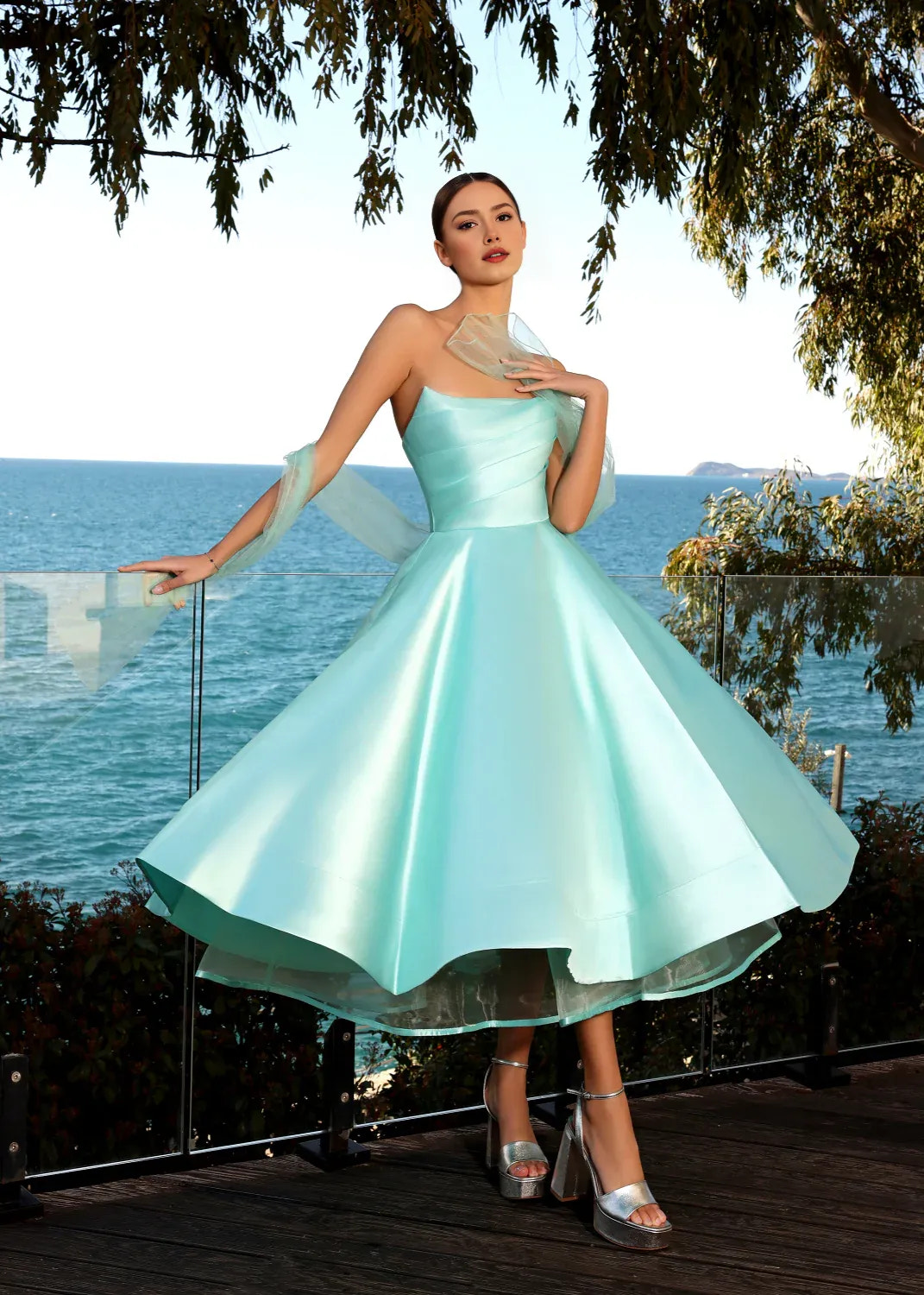 Elegant strapless a-line tea length prom dress with tulle drape straps