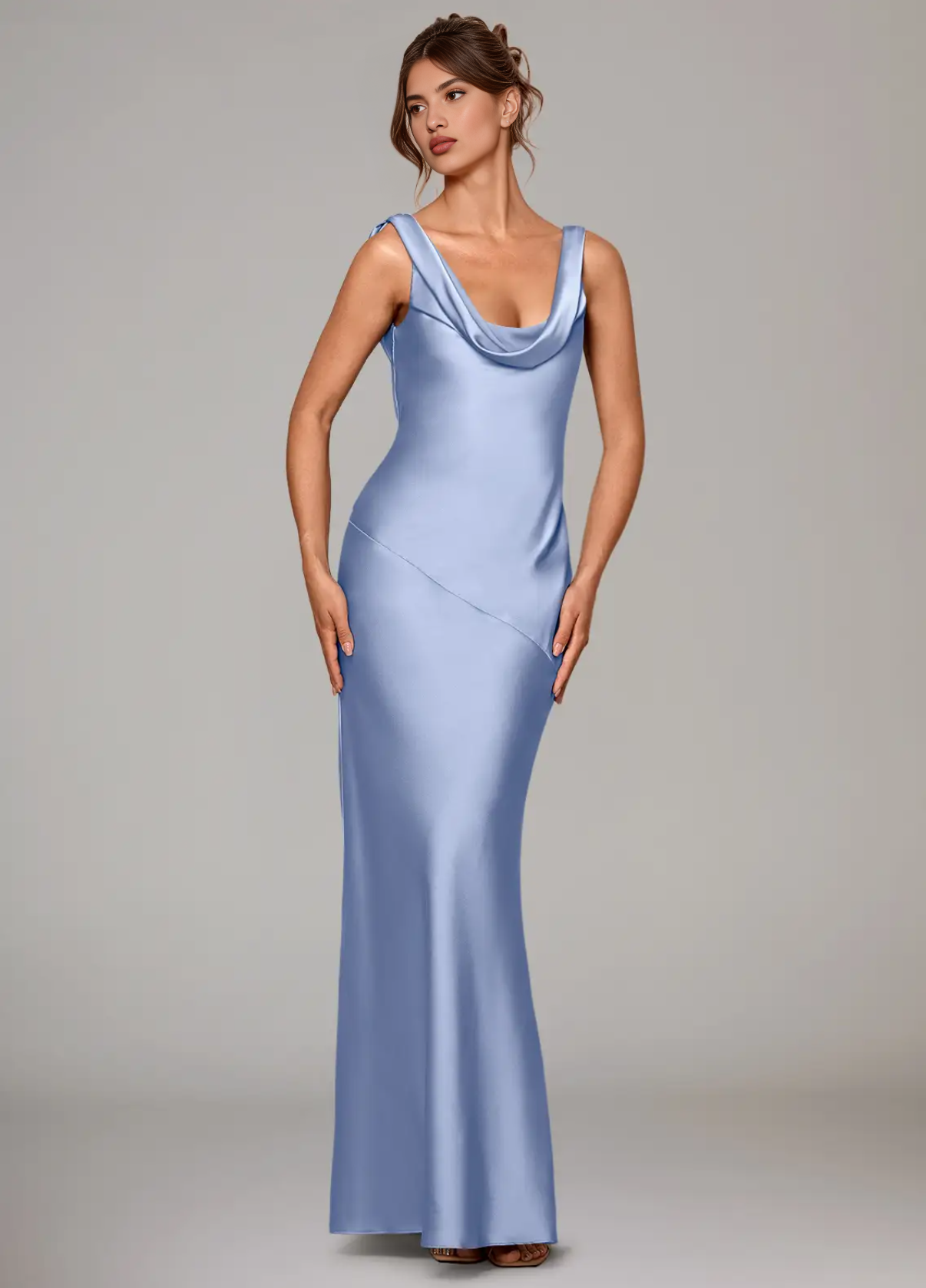 Elegant Mermaid Satin Cowl Neck Long Sleeveless Bridesmaid Dresses with Low Back Detail Evening Gown