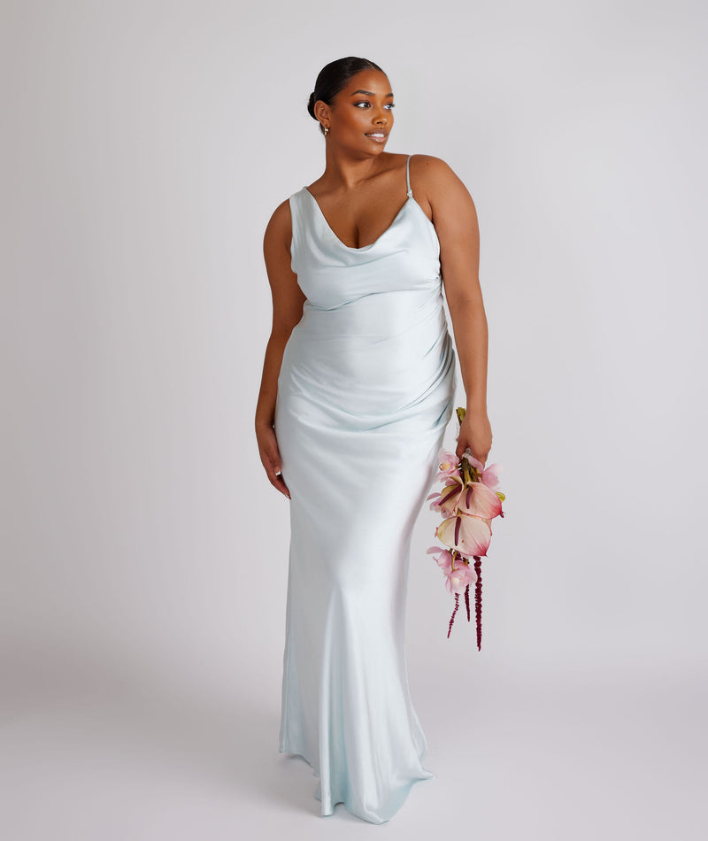 Elegant One-Shoulder Satin Formal Gown for Wedding Guest Cowl Asymmetrical Satin Bridesmaid Dress Bridesmaid Dresses Maxi Dress