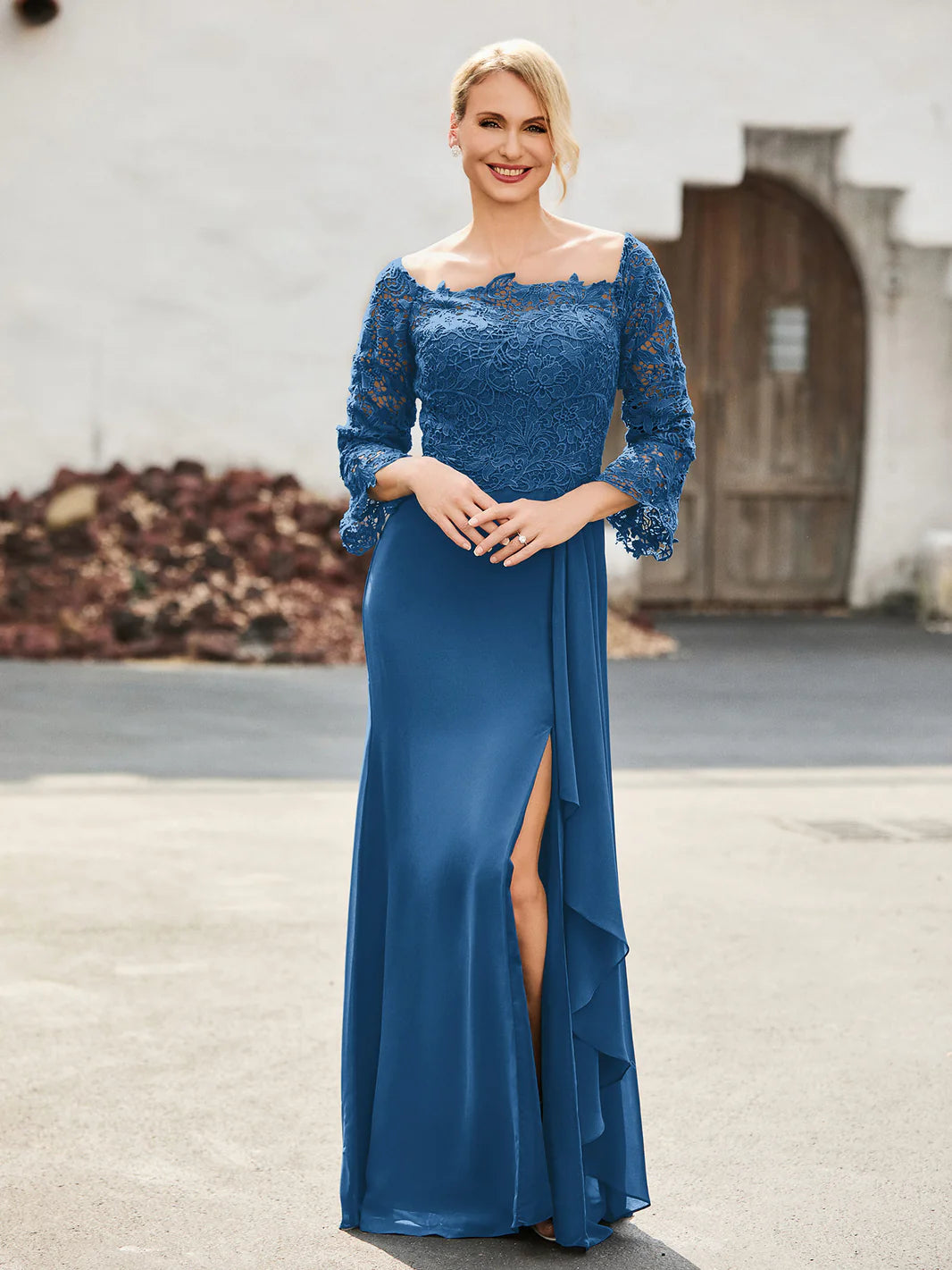 Off-the-Shoulder Lace Chiffon Mermaid with Slit - Mother of the Bride Dress