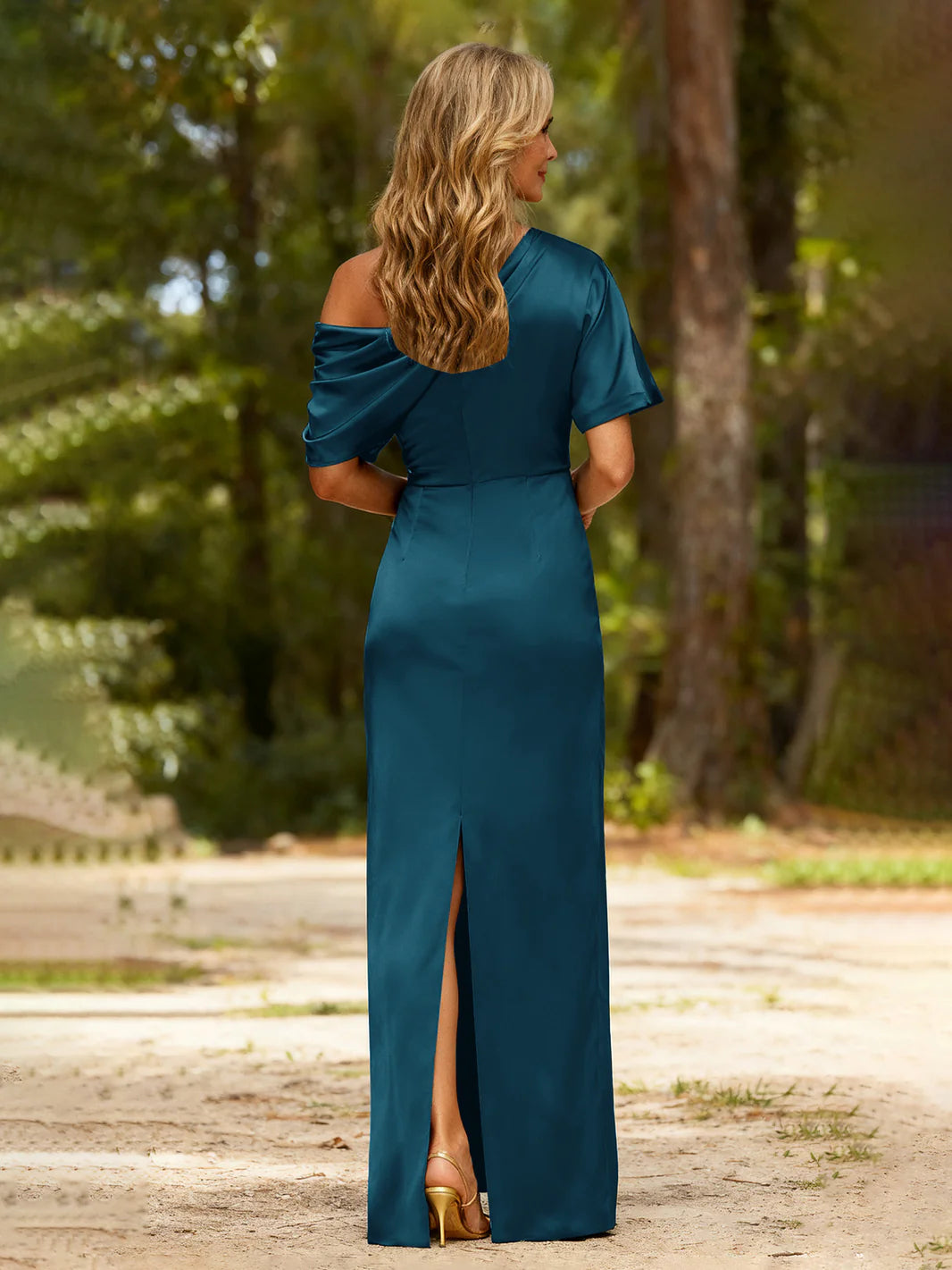 One-Shoulder Satin Mermaid Floor-Length Formal Evening Gown with Back Slit