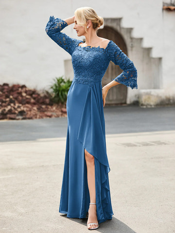Off-the-Shoulder Lace Chiffon Mermaid with Slit - Mother of the Bride Dress