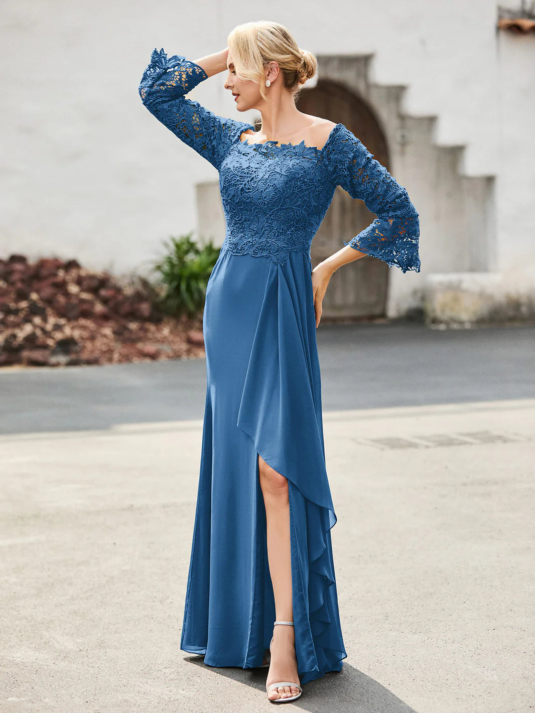 Off-the-Shoulder Lace Chiffon Mermaid with Slit - Mother of the Bride Dress