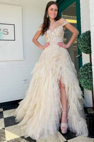Intricate Lace Corset Mermaid Sweetheart Off-The-Shoulder Short Sleeve Tiered Tulle Floor Length Prom Evening Gown