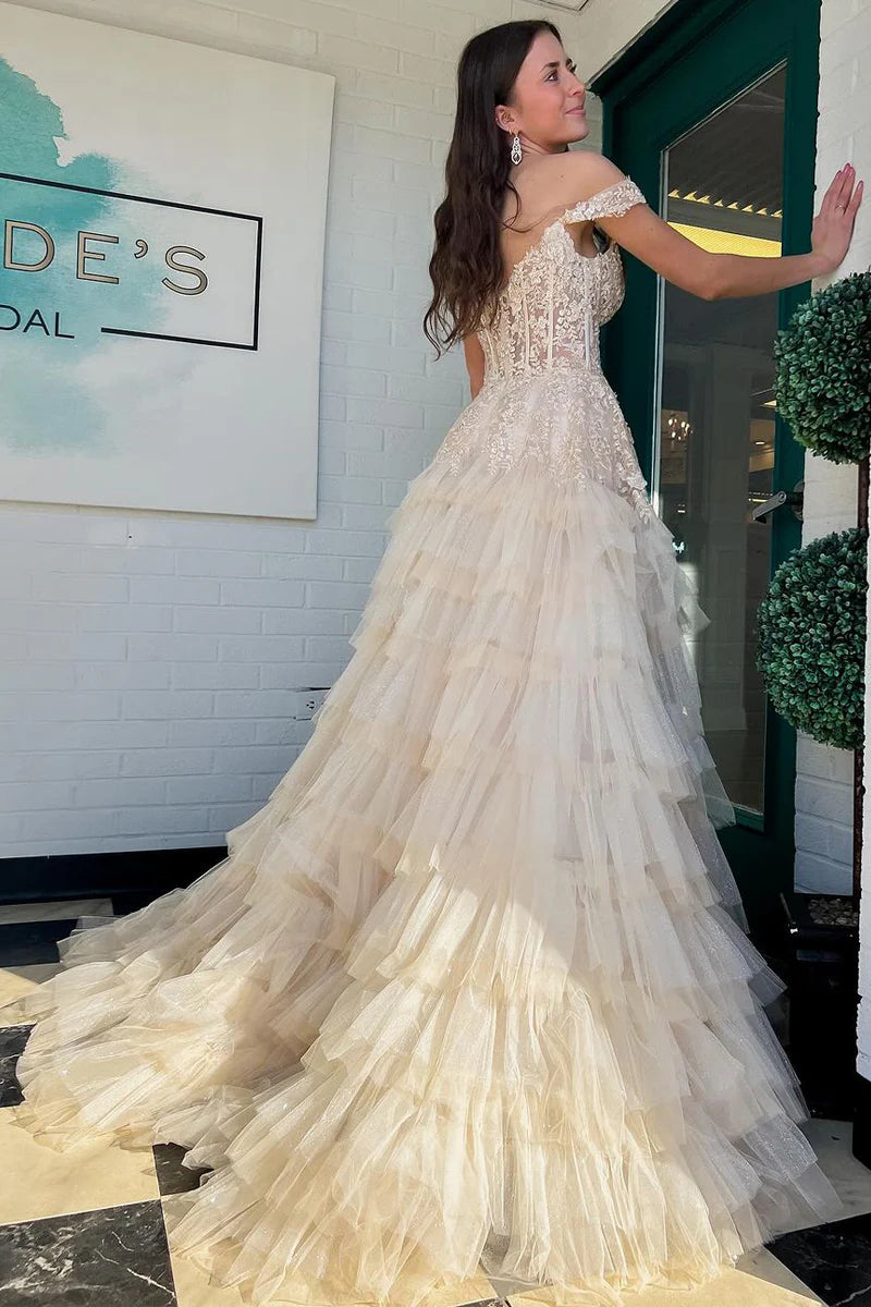 Intricate Lace Corset Mermaid Sweetheart Off-The-Shoulder Short Sleeve Tiered Tulle Floor Length Prom Evening Gown