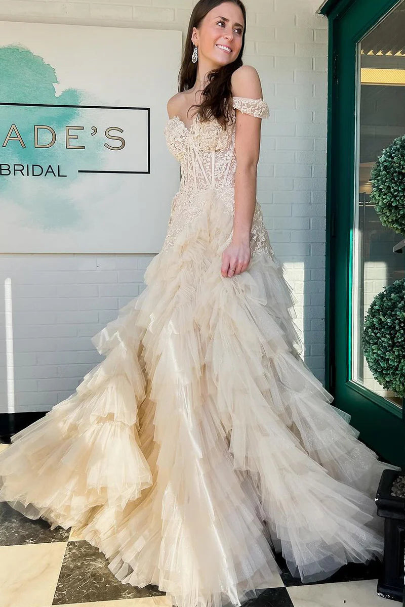Intricate Lace Corset Mermaid Sweetheart Off-The-Shoulder Short Sleeve Tiered Tulle Floor Length Prom Evening Gown