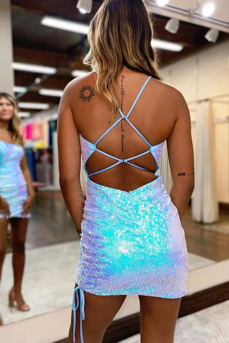 Iridescent Mini Square Spaghetti Strap Crisscross Tie Side Homecoming Dress
