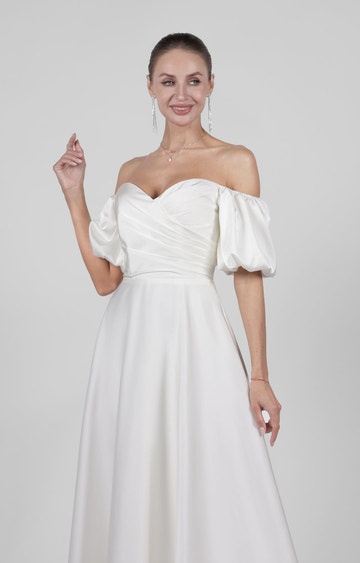Elegant Off Shoulder Satin Wedding Dress with Puff Sleeves Floor-Length Bridesmaid Maxi Dress