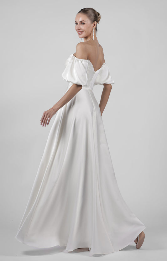Elegant Off Shoulder Satin Wedding Dress with Puff Sleeves Floor-Length Bridesmaid Maxi Dress