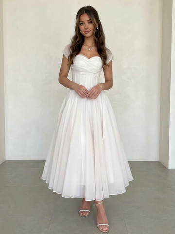 Elegant Chiffon A-Line Sweetheart Cap Sleeve Midi Wedding Dress Cocktail Dresses Tea-Length Graduation Dress