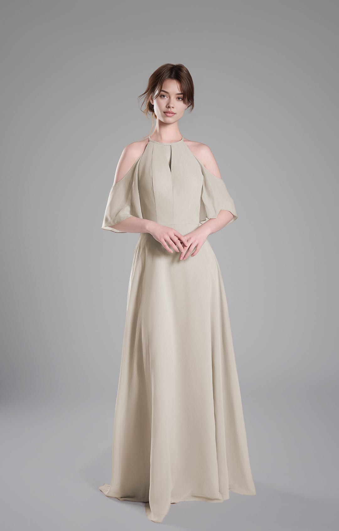 Elegant A-Line Halter Cold Shoulder Short Sleeve Open Back Chiffon Floor-Length Bridesmaid Dresses