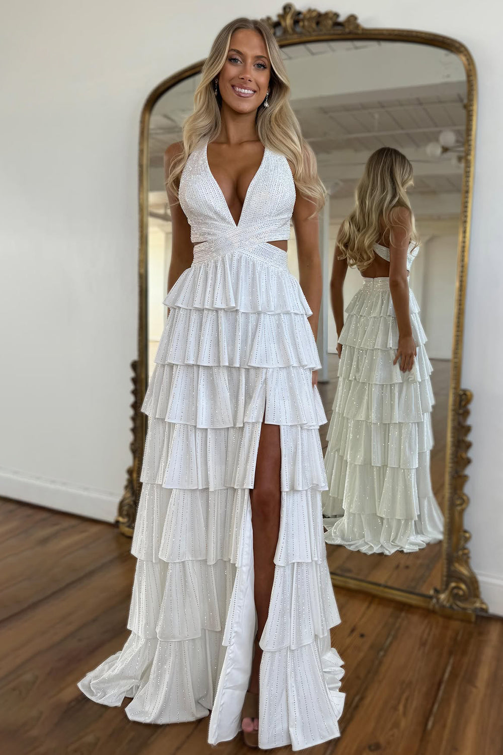 Vestido de fiesta de noche largo con abalorios, línea A, cuello halter, capas, brillante, espalda descubierta y abertura alta