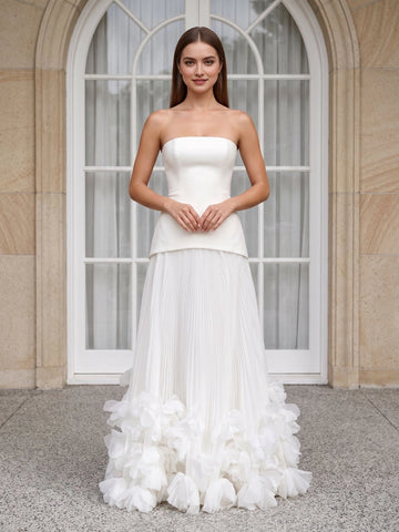 Ivory a‑line long wedding dress with strapless structured bodice pleated skirt 3D floral hem lace‑up back from Vedress