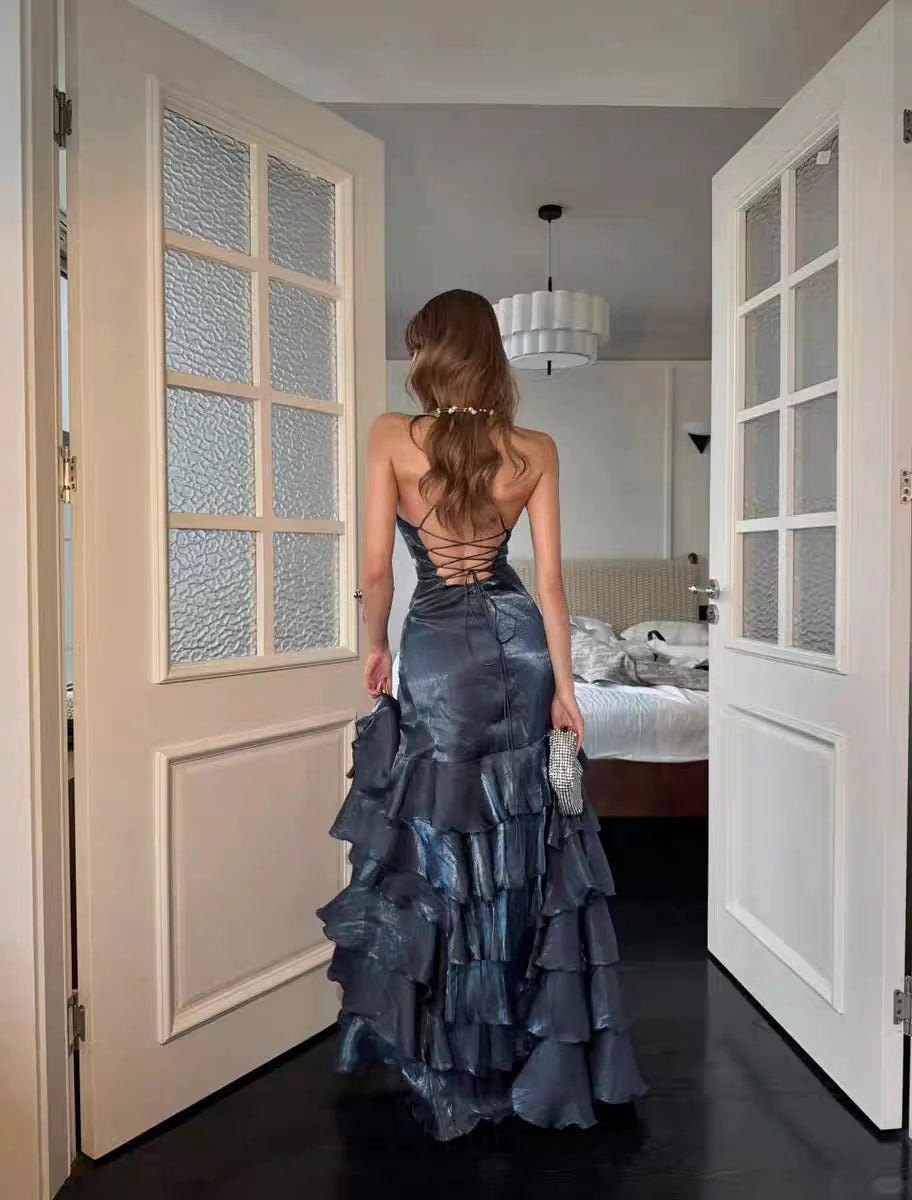 Deep V-Neck Lace-Up Back Metallic Tiered Ruffle Slit Evening Maxi Dress
