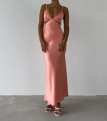 Deep V-Neck Cutout Backless Satin Maxi Dress with Adjustable Straps