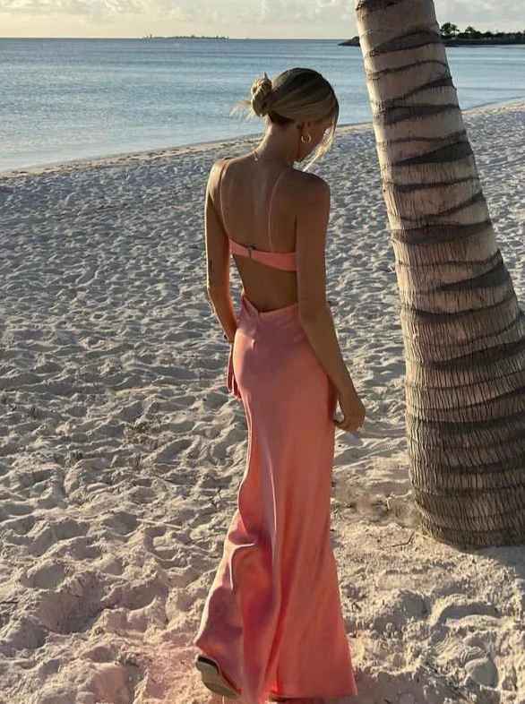 Deep V-Neck Cutout Backless Satin Maxi Dress with Adjustable Straps