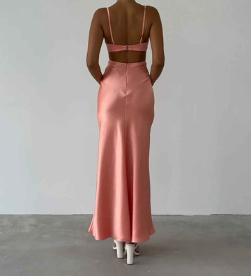 Deep V-Neck Cutout Backless Satin Maxi Dress with Adjustable Straps