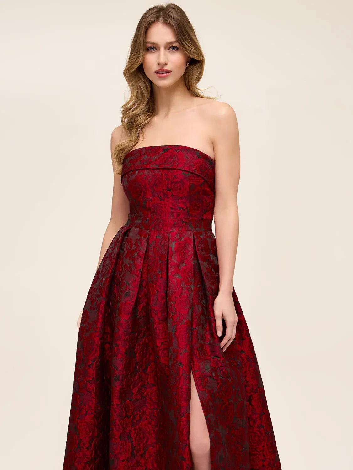 A-line Jacquard Ball Gown Strapless Floral Slit Pocket Evening Dress
