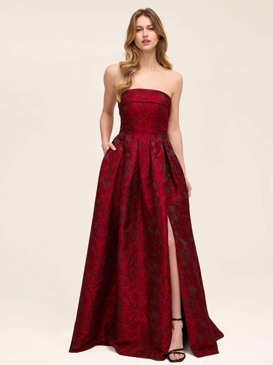 A-line Jacquard Ball Gown Strapless Floral Slit Pocket Evening Dress