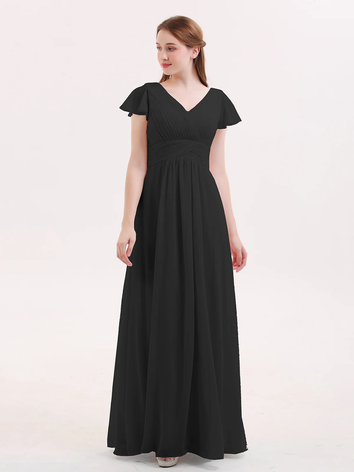 V-Neck Flutter Short Sleeve Ruched Chiffon Bridesmaid Maxi Dress with Back Zipper