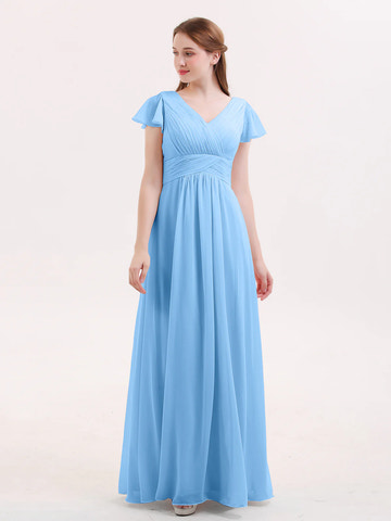 V-Neck Flutter Short Sleeve Ruched Chiffon Bridesmaid Maxi Dress with Back Zipper