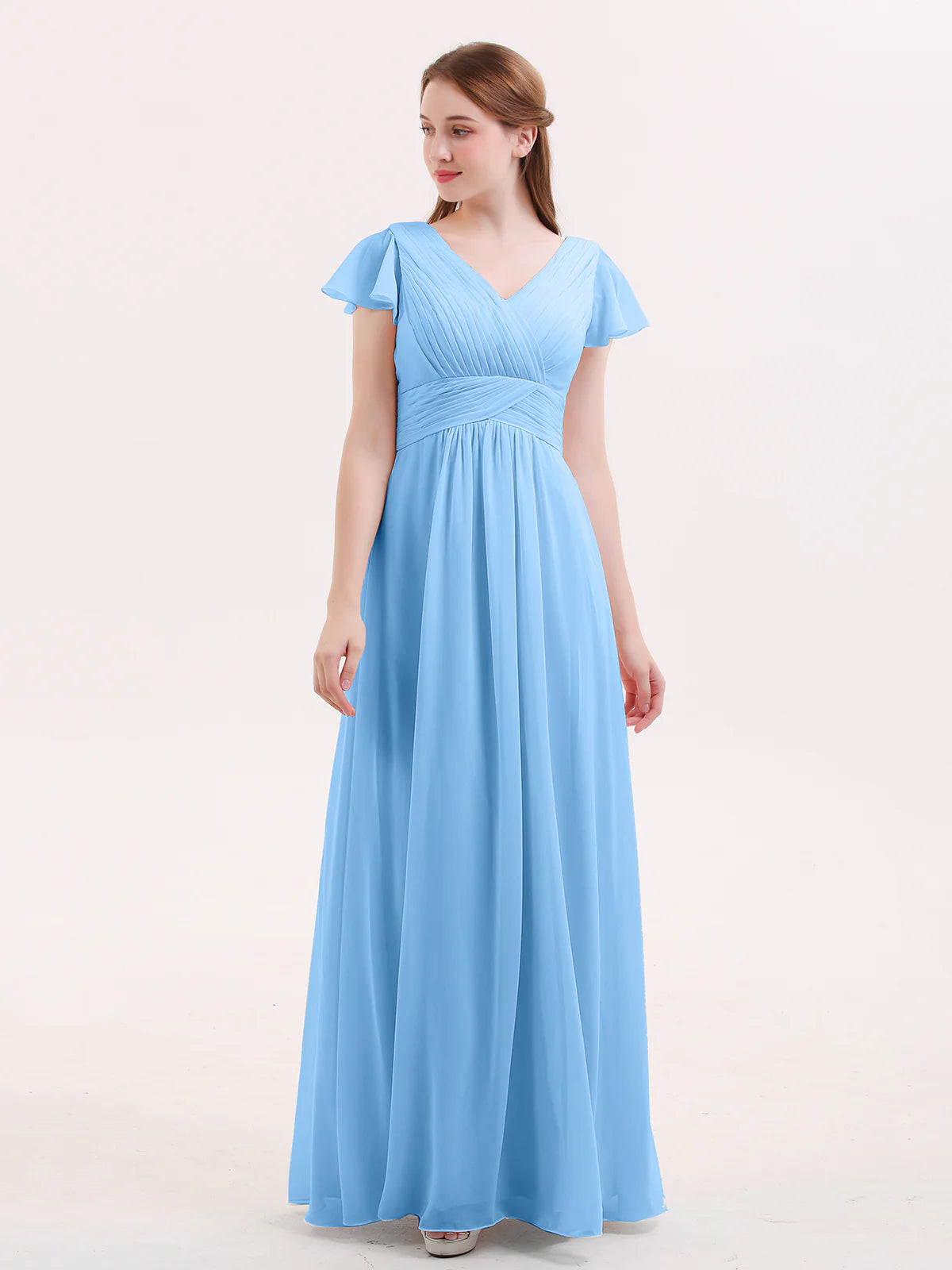 V-Neck Flutter Short Sleeve Ruched Chiffon Bridesmaid Maxi Dress with Back Zipper