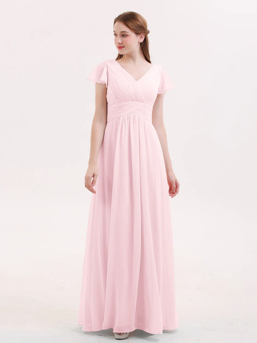 V-Neck Flutter Short Sleeve Ruched Chiffon Bridesmaid Maxi Dress with Back Zipper