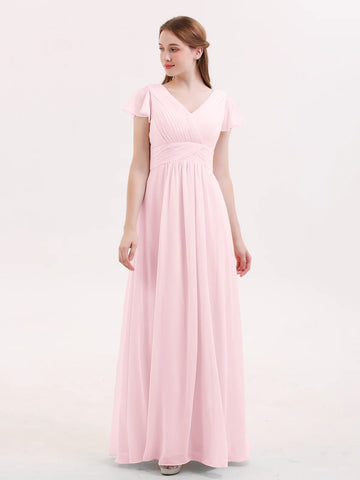 Elegant A-Line V-Neck Flutter Sleeve Chiffon Ruched Bridesmaid Dress