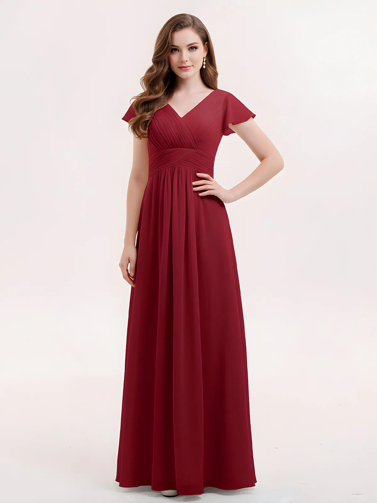 V-Neck Flutter Short Sleeve Ruched Chiffon Bridesmaid Maxi Dress with Back Zipper